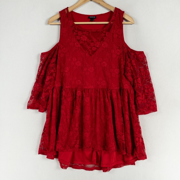 Torrid Babydoll Stretch Lace Cold Shoulder Top 1X Red Hi Low Hem Romantic - Picture 1 of 9